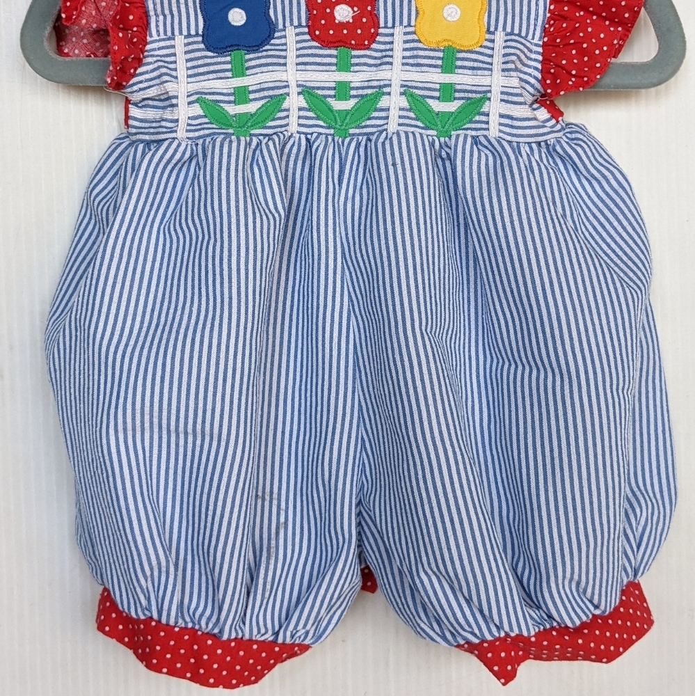 VINTAGE baby girl blue white seersucker flower applique romper - Picture 7 of 8